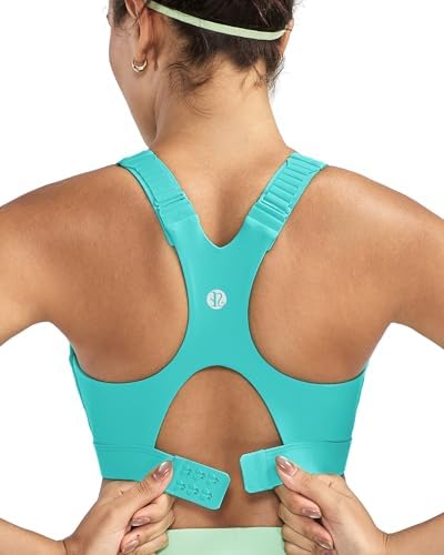 A high impact racerback sports bra in bright green with molded cups, adjustable shoulder straps, and a secure back hook closure.