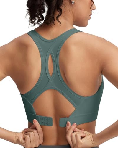 Built with sewn-in molded cups, adjustable racerback straps, and a rear hook closure in a soft sage green tone.
