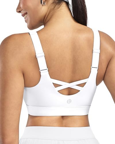A high impact pullover bra in clean white with fixed molded cups, adjustable shoulder straps, and a wide stabilizing U-back.