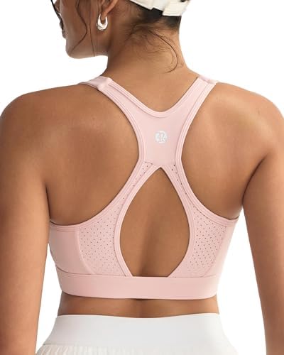 Molded cups and adjustable straps anchor this high impact pink pullover sports bra for road runs and hard training.