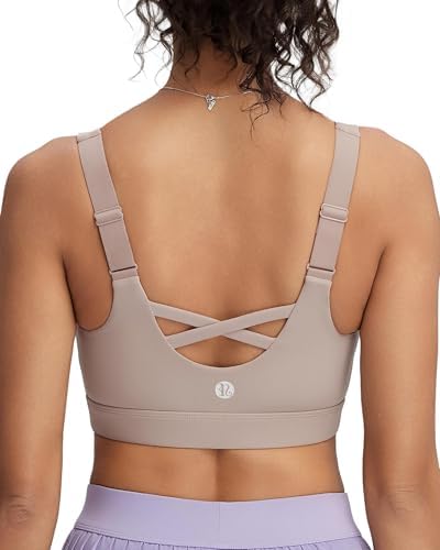 High-impact pullover bra with sewn-in molded cups, adjustable shoulder straps, and a wide back panel in mineral Mica grey.