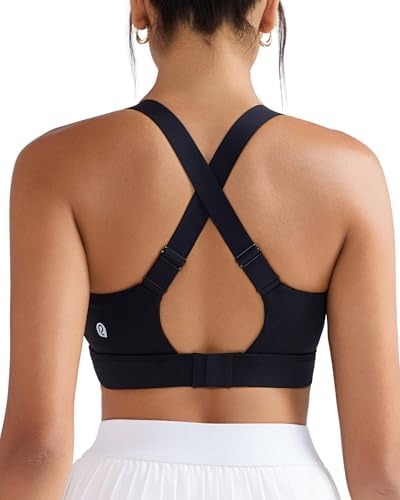 A high-support black sports bra built with sewn-in padding, adjustable shoulder straps, and a clean hook-and-eye back closure.