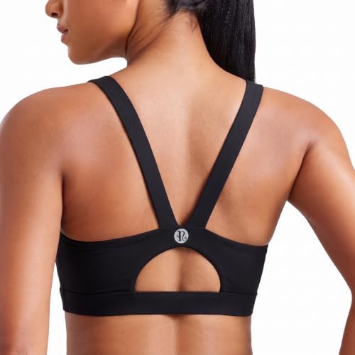 Molded cups sewn directly into the lining with wide straps and a deep V-back cut for high-impact workouts.