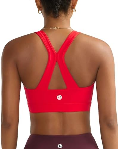 A high impact V neck sports bra with sewn-in molded cups, wide straps, and a racerback cut from stretch Lycra in deep red.