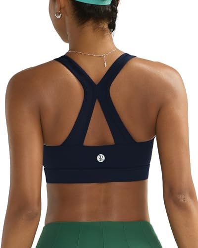 A high impact V-neck running bra built with sewn-in molded cups, wide straps, and a secure racerback cut in deep navy.