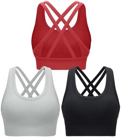 High-impact pullover bra with a crisscross back and removable pads in a trio of deep red, light grey, and black.