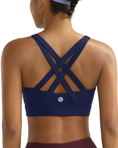 Molded cups and a wide elastic band give this navy pullover sports bra solid structure for running and high impact training.