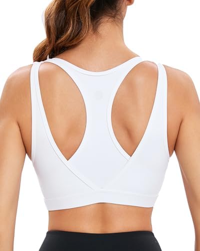 Molded cups and an open racerback built from recycled nylon yarn in crisp white, rated for running and HIIT.