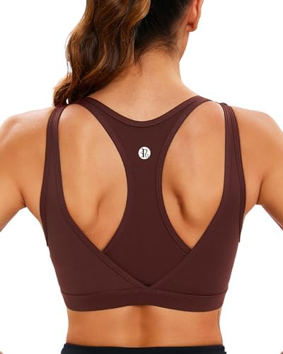 High support racerback bra with molded cups and wide adjustable straps, cut in an earthy rust red recycled nylon knit.