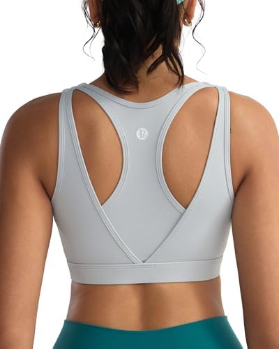 Built for running with molded cups, wide adjustable straps, and a ventilated racerback cut in muted ash grey.