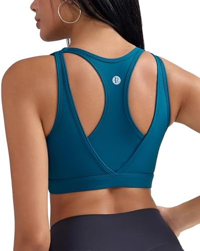 Molded cups and adjustable straps anchor this high impact racerback sports bra, knit from recycled nylon yarns in dark navy.