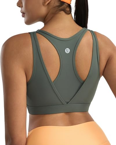 A high-impact racerback bra built with molded cups, wide adjustable straps, and recycled nylon in soft grey sage.