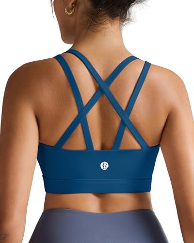 A high impact V-neck bra in dark blue with molded cups, strappy back distribution, and a firm brushed underband.