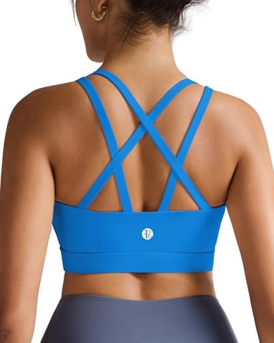 A high impact V-neck bra in brilliant blue, cut with molded cups and a multi-strap back that distributes load evenly.
