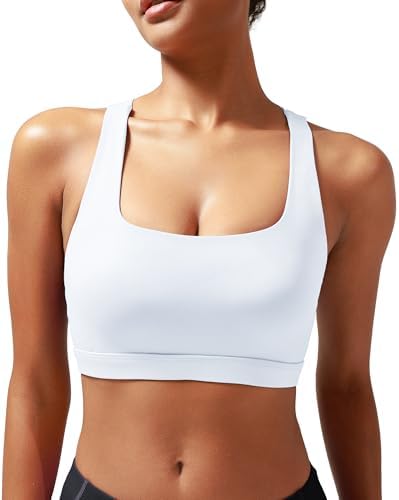 A high-impact racerback sports bra with molded cups, clean white fabric, and a wide underband built for running and training.