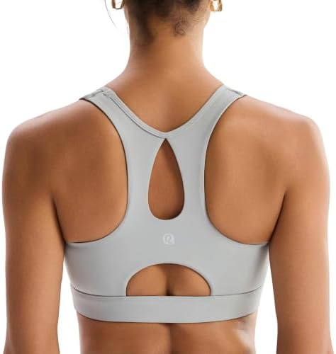A high-support racerback bra with molded cups and a wide, steady bottom band in neutral heather slate grey.
