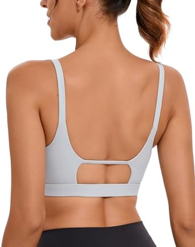 A strappy pullover bra in heathered grey with double shoulder straps, square neckline, and removable interior pads.