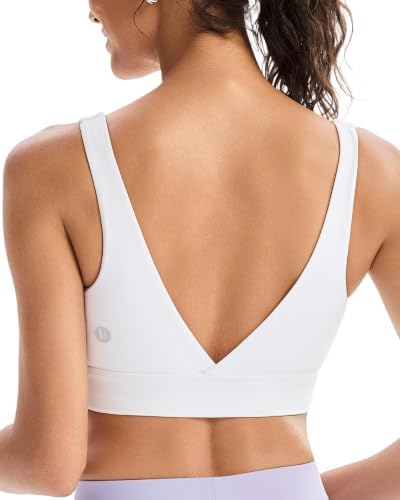 Square-neck longline bra in chalk white with a deep V-back, removable foam cups, and double-brushed stretch knit.
