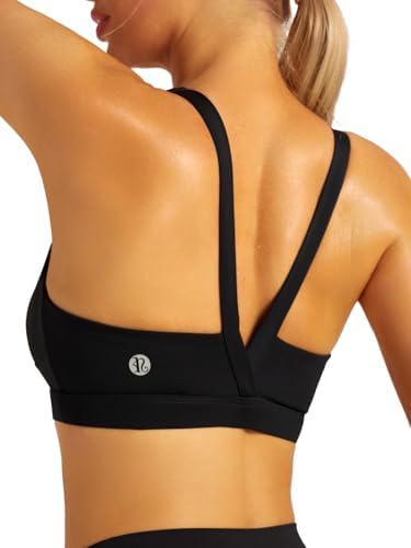A square-neck medium support bra with sewn-in molded cups, crossed back straps, and a solid jet black finish.