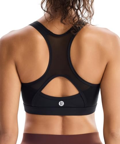 A wireless racerback sports bra in solid black, built with removable cups and a large mesh panel across the spine.