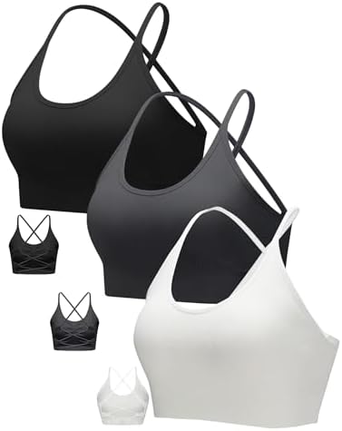 A medium support pullover bra in a black, grey, and white knit with crisscross back straps and removable cup inserts.