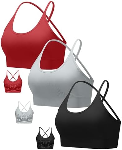 A seamless medium support pullover bra with narrow crisscross back straps and removable cup inserts in a three-colour bundle.