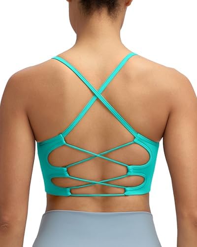 A seamless pullover bra in electric green with thin crisscross straps, removable foam pads, and a wide roll-resistant band.