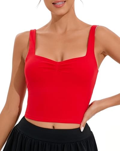 A longline crop tank in deep red with a sweetheart front, built-in shelf bra, and crossback straps for medium-impact work.