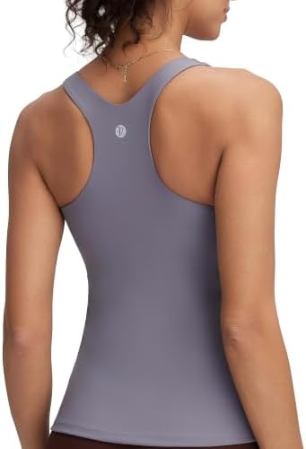A racerback workout tank in pale grey with an integrated shelf bra, removable pads, and a scoop neckline for training.