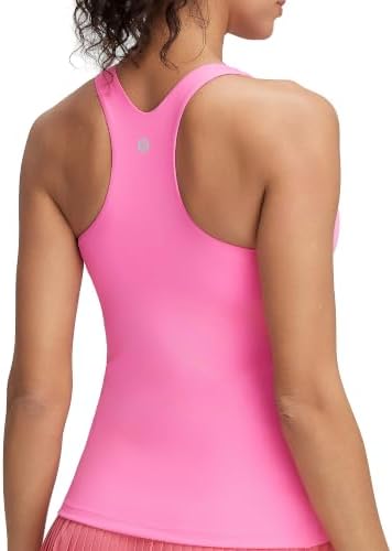 A racerback workout tank in bright pink with an integrated shelf bra, molded removable pads, and four-way stretch fabric.