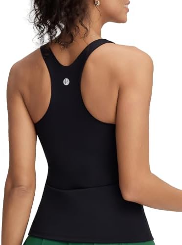 A racerback workout tank in solid black with an integrated shelf bra, molded removable pads, and four-way stretch fabric.