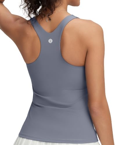 A racerback training tank in pale sky blue with an integrated shelf bra, molded coverage, and flat four-way stretch.