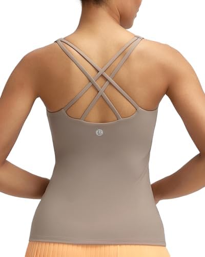 A square-neck tank with an integrated shelf bra, removable pads, and a ribbed elastic hem in soft mica gray.
