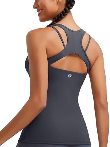 A built-in shelf bra tank in dark charcoal grey, built with an encased underband and a strappy back for light support.