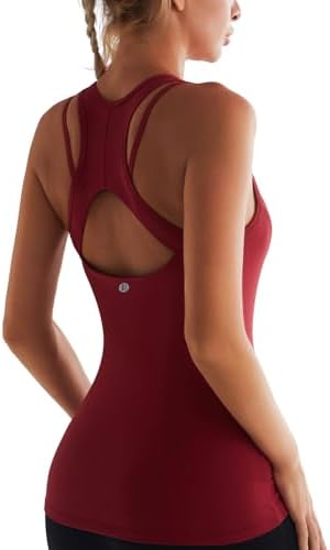 A built-in shelf bra tank in deep wine red, cut with removable pads and a strappy back for low-impact training.