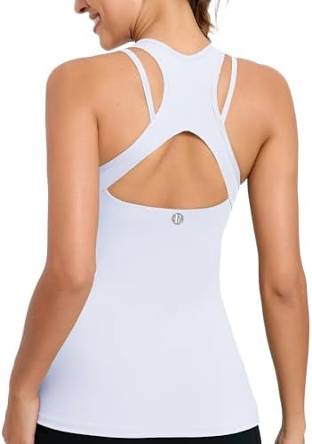 Light support workout tank in chalk white with an integrated shelf bra, strappy back detailing, and flatlock seams.