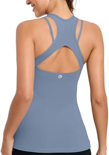 A light blue compression tank with a built-in shelf bra, removable pads, and a strappy racerback for low-impact training.