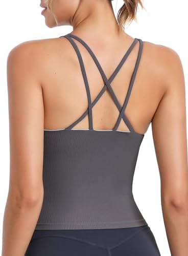 A medium-support longline tank in heather grey with an integrated shelf bra, removable pads, and a flat criss-cross back.